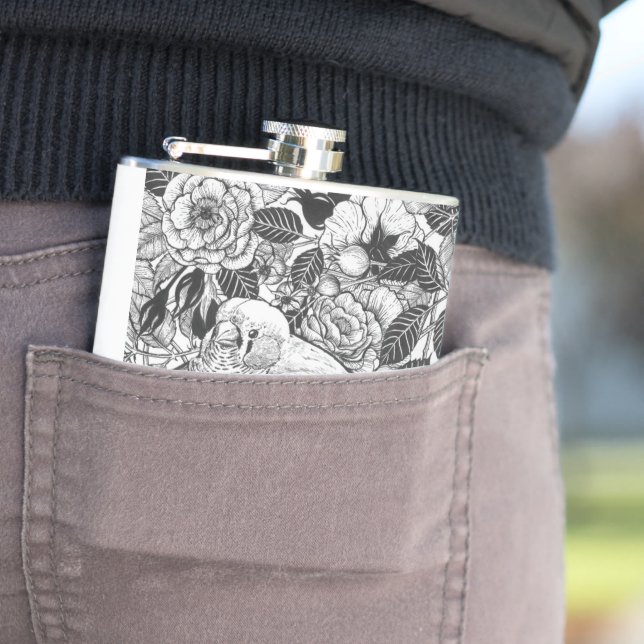 Zebra finch and rose bush ink drawing hip flask (In Situ)