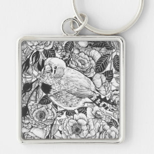 Zebra finch and rose bush ink drawing keychain