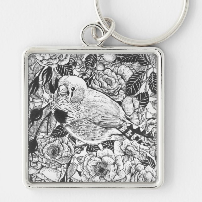 Zebra finch and rose bush ink drawing keychain (Front)