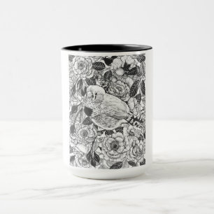 Zebra finch and rose bush ink drawing mug