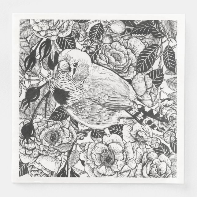 Zebra finch and rose bush ink drawing napkin (Front)