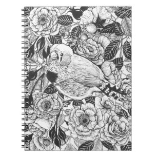 Zebra finch and rose bush ink drawing notebook