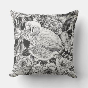 Zebra finch and rose bush ink drawing throw pillow