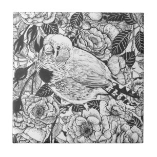 Zebra finch and rose bush ink drawing tile