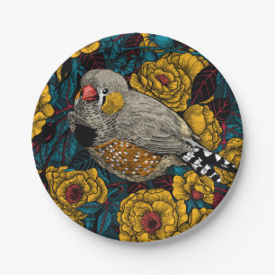 Zebra finch and rose bush paper plate