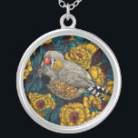 Zebra finch and rose bush silver plated necklace<br><div class="desc">Vector illustration of a zebra finch on a rose bush,  based on my ink drawing.</div>