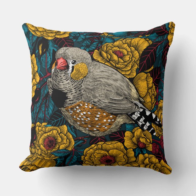 Zebra finch and rose bush throw pillow (Front)