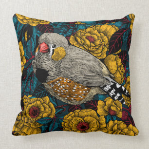 Zebra finch and rose bush throw pillow