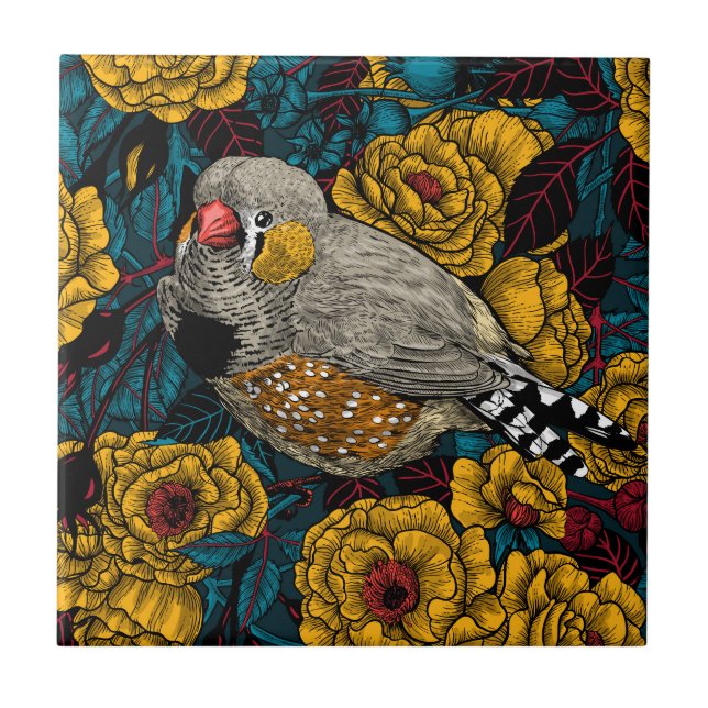 Zebra finch and rose bush tile (Front)