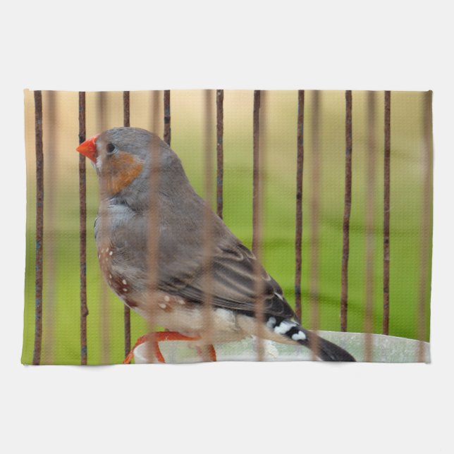 Zebra Finch Bird in Cage Kitchen Towel (Horizontal)