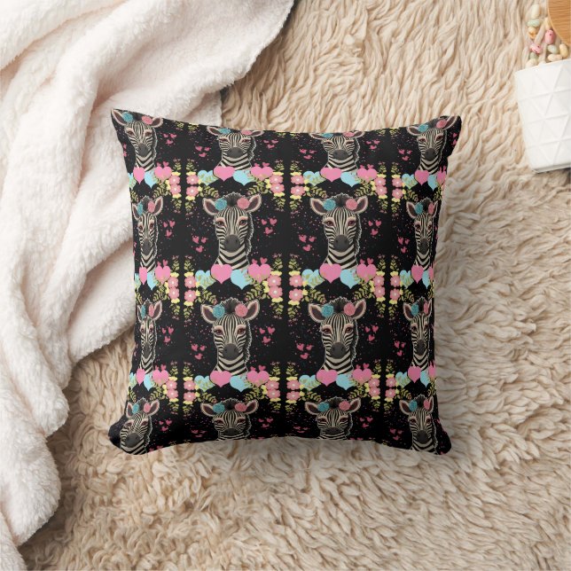 Zebra Floral Heart Pattern Throw Pillow (Blanket)