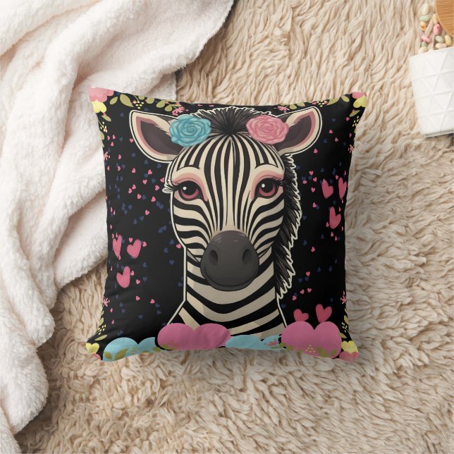Zebra Floral Heart Print  Throw Pillow (Blanket)