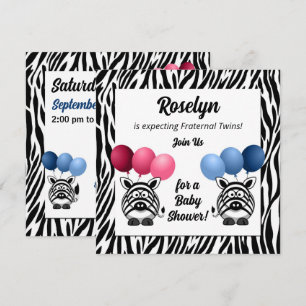 Zebra Fraternal Twins Pink and Blue Baby Shower Invitation