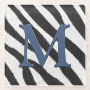 Zebra Fur Animal Print Blue Grey Monogram Glass Coaster