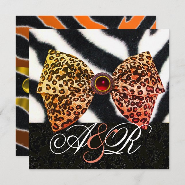 ZEBRA FUR,LEOPARD SKIN BOW ,BLACK DAMASK MONOGRAM INVITATION (Front/Back)