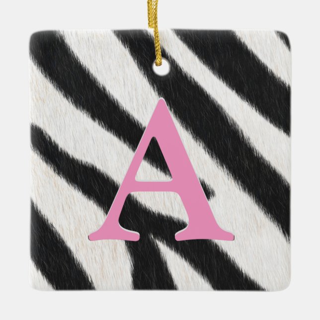 Zebra Fur Personalized Monogram & Message Pink Ceramic Ornament (Front)