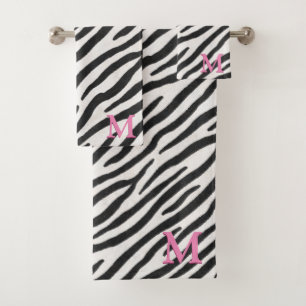Zebra Fur Realistic Animal Print Pink Monogram Bath Towel Set