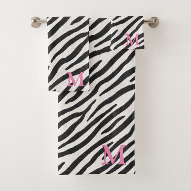 Zebra Fur Realistic Animal Print Pink Monogram Bath Towel Set (Insitu)