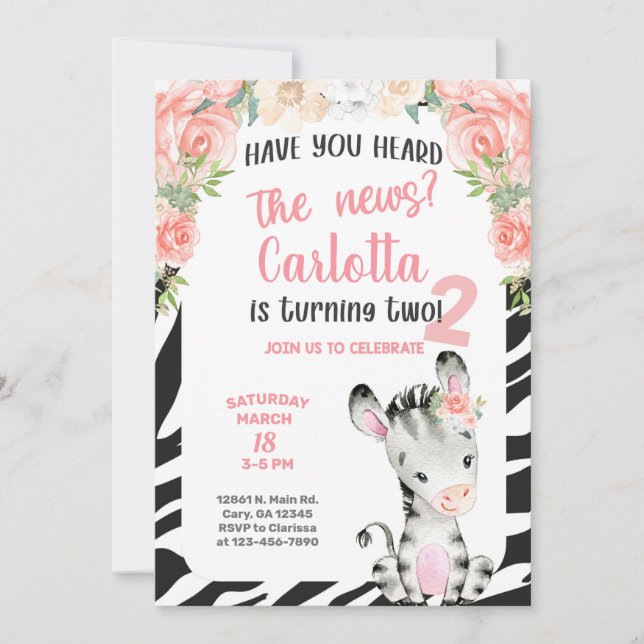 Zebra girl 2nd, second birthday invitation. invitation (Front)