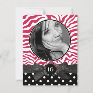 Zebra Glitter and Polkadots Photo Sweet 16 Pink Invitation