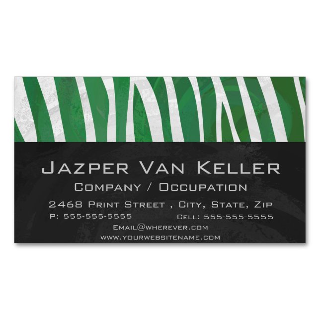 Zebra Green and White Print Magnetic Business Card (Front)