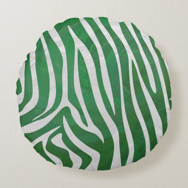Zebra Green and White Print Round Pillow (Front)