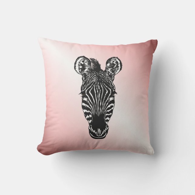 Zebra Head on Pink Outdoor Pillow (Front)