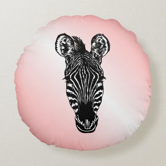 Zebra Head on Pink Round Pillow (Front)