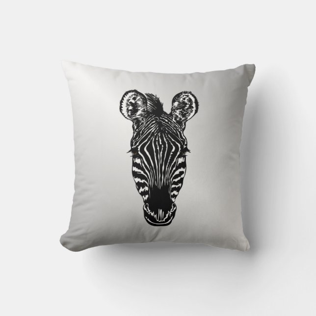 Zebra Head on Silver Throw Pillow (Front)