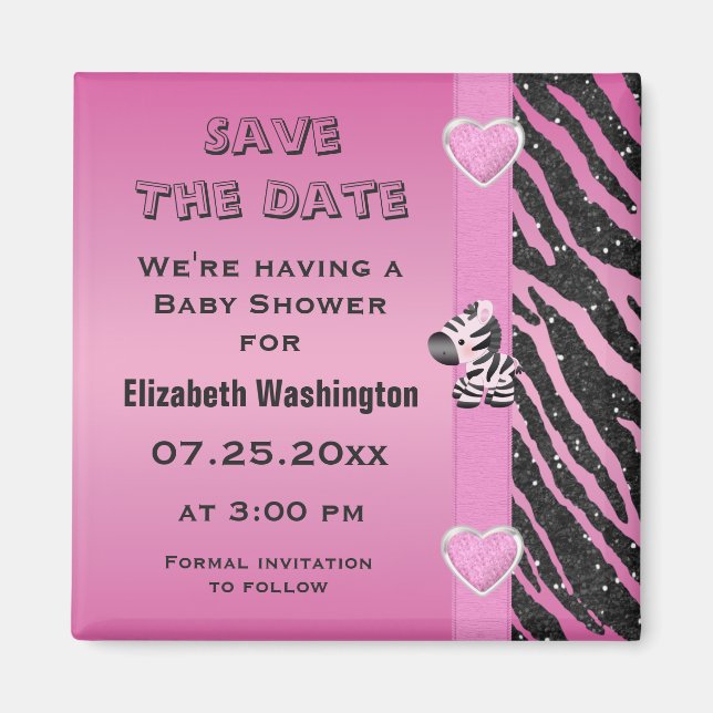 Zebra & Hearts Baby Shower Save the Date Magnet (Front)