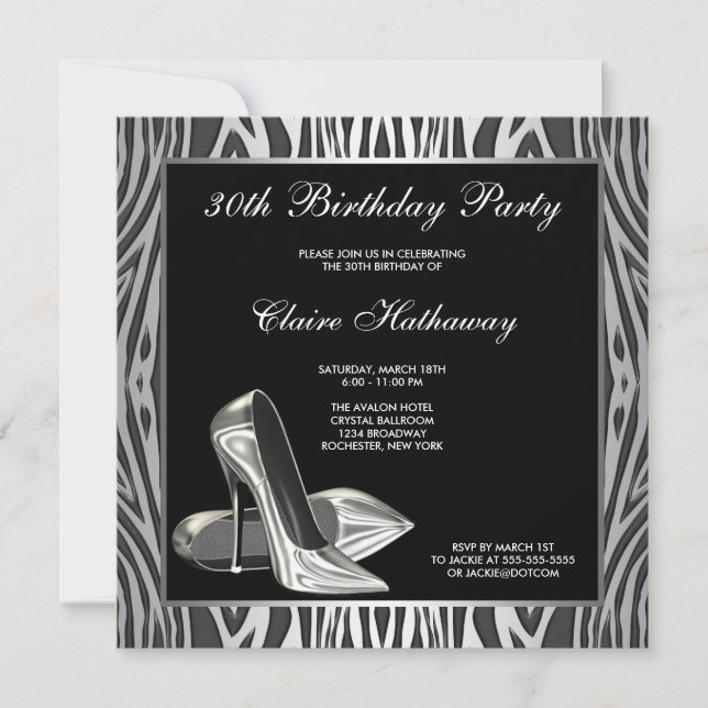 Zebra High Heel Womans 30th Birthday Party Invitation (Front)