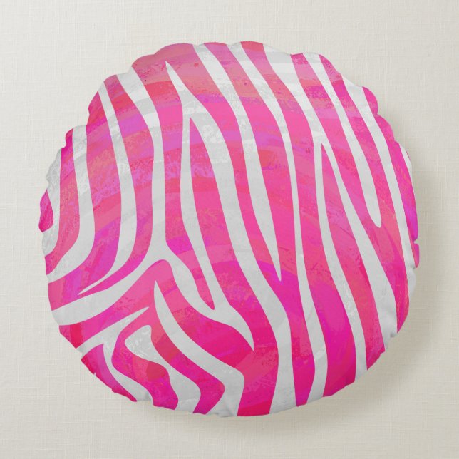 Zebra Hot Pink and White Print Round Pillow (Front)