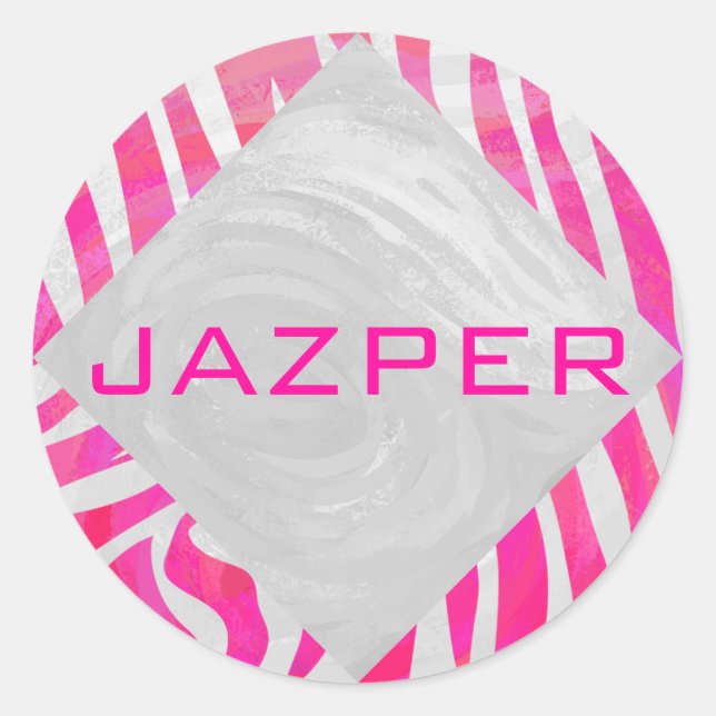 Zebra Hot Pink and White with Monogram Classic Round Sticker (Front)