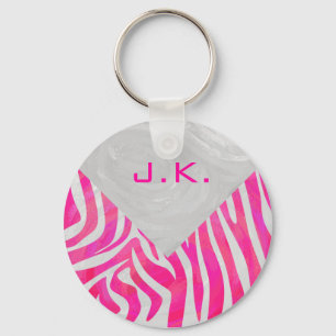 Zebra Hot Pink and White with Monogram Keychain