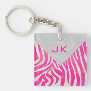 Zebra Hot Pink and White with Monogram Keychain