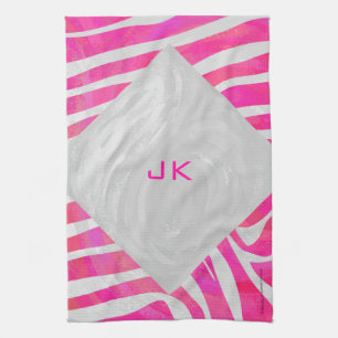 Zebra Hot Pink and White with Monogram Kitchen Towel