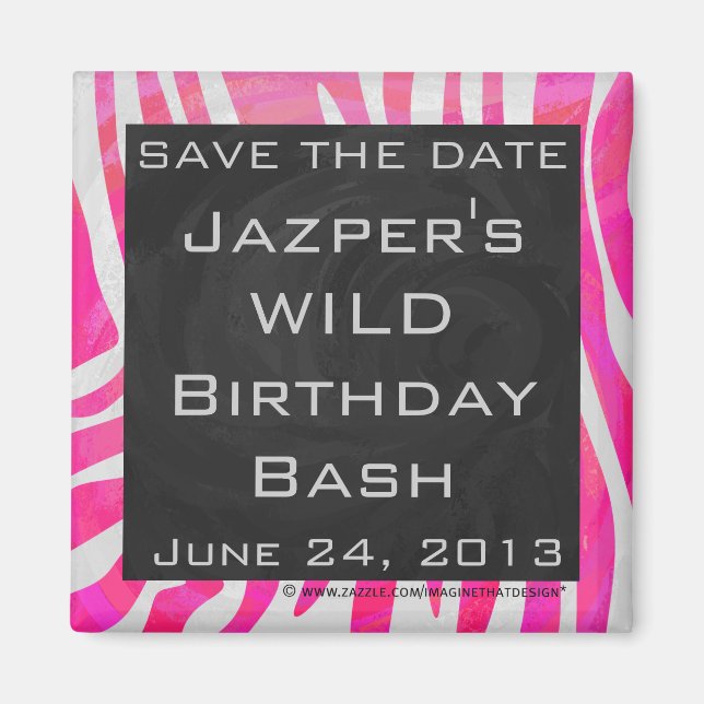 Zebra Hot Pink and White with Monogram Magnet (Front)