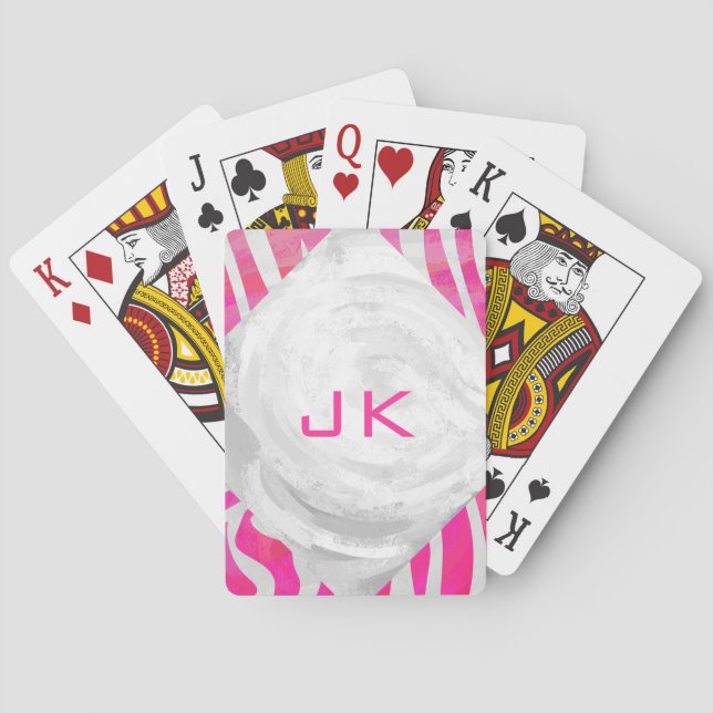 Zebra Hot Pink and White with Monogram Playing Cards (Back)