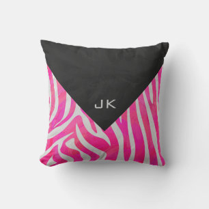 Zebra Hot Pink and White with Monogram Throw Pillow