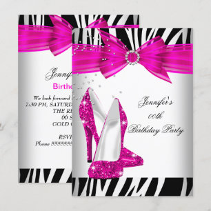 Zebra Hot Pink High Heel Shoe Black Birthday Party Invitation