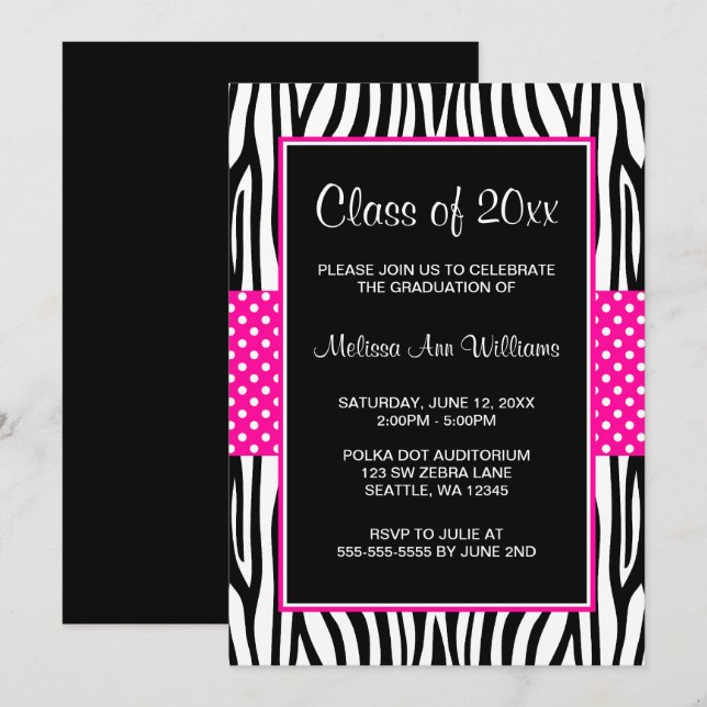 Zebra Hot Pink Polka Dot Graduation Announcement (Front/Back)