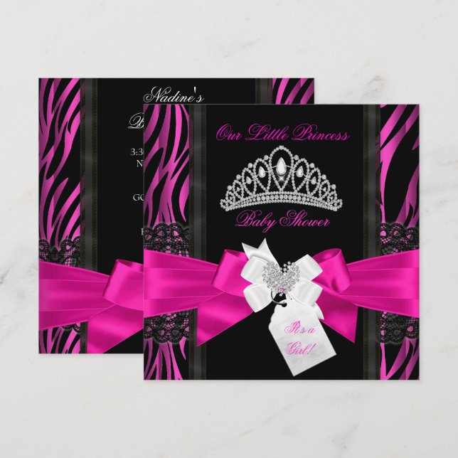 Zebra Hot Pink Princess Baby Shower Girl Black 2 Invitation (Front/Back)