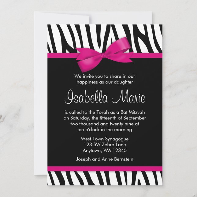 Zebra Hot Pink Printed Bow Bat Mitzvah Invitations (Front)