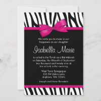 Zebra Hot Pink Printed Bow Bat Mitzvah Invitations