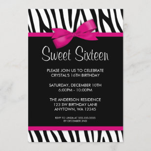 Zebra Hot Pink Printed Bow Sweet 16 Birthday Party Invitation