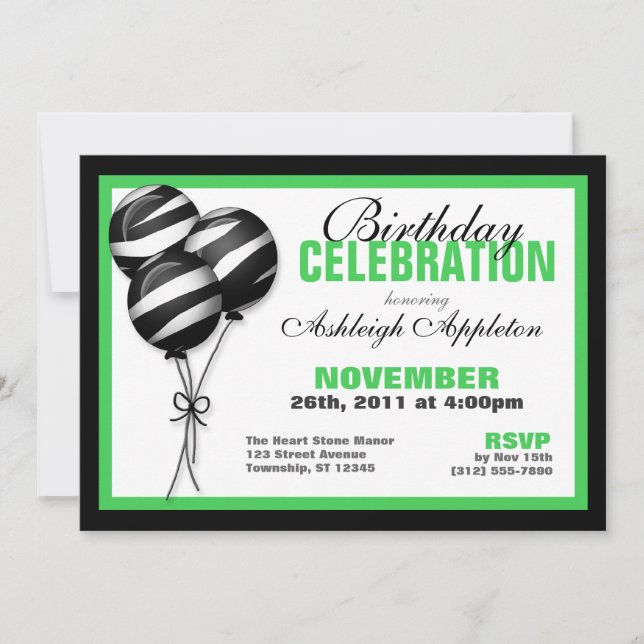 Zebra Imprimer Ballons verts Invitations d'anniver (Devant)