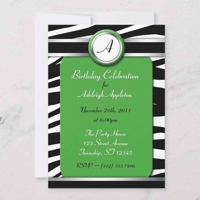 Zebra Imprimer Monogramme Vert Invitations d'anniv (Devant)