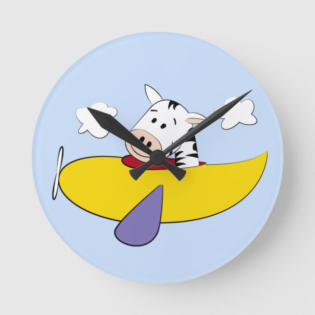 Zebra in Colourful Airplane Round Clock (Front)