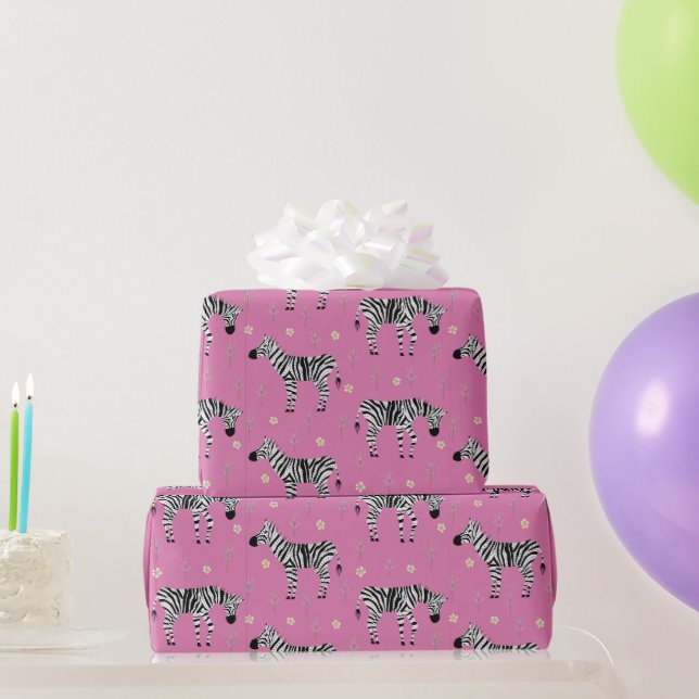 Zebra in Savanna Safari Pattern on Pink  Wrapping Paper (Party Gifts)