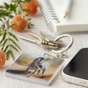 Zebra in the Wild Dramatic Sunset Safari Art Keychain